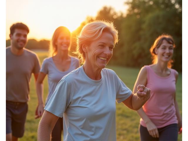 A diverse group of adults aged 35+ smiling and engaging in a wellness activity outdoors in Austin, symbolizing vitality and community.