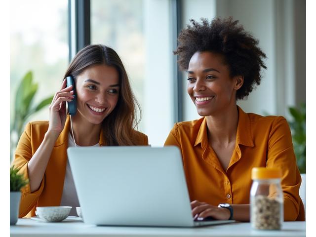 Team member answering a phone call and another typing on a laptop, symbolizing multiple contact methods