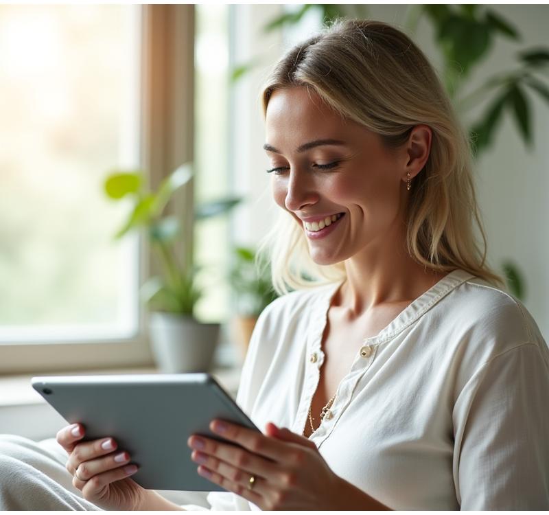 A serene woman over 35, smiling while reading a tablet in a sunlit, modern home, embodying daily wellness.
