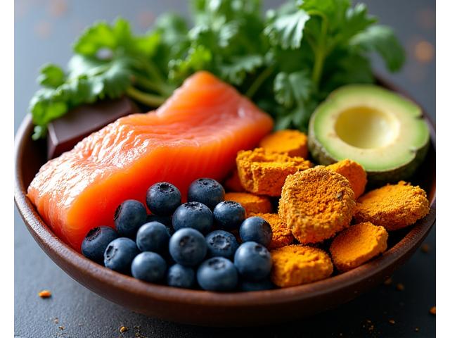 A vibrant bowl of anti-inflammatory foods like turmeric, ginger, berries, and leafy greens