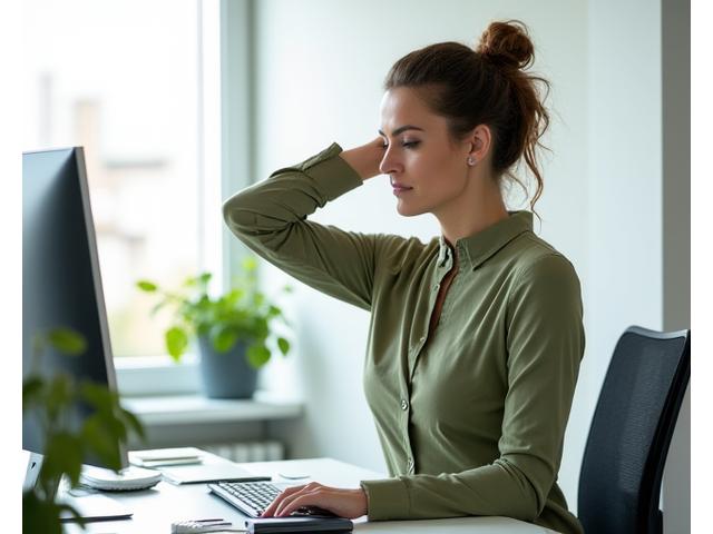 A professional sitting at a brightly lit ergonomic desk, engaging in a short stretching exercise, symbolizing quick breaks
