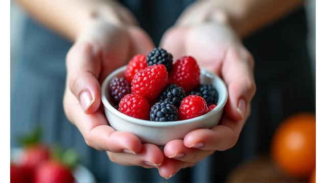 A person mindfully selecting fresh berries from a bowl, hands gently cupped, focus on texture and scent, soft natural light