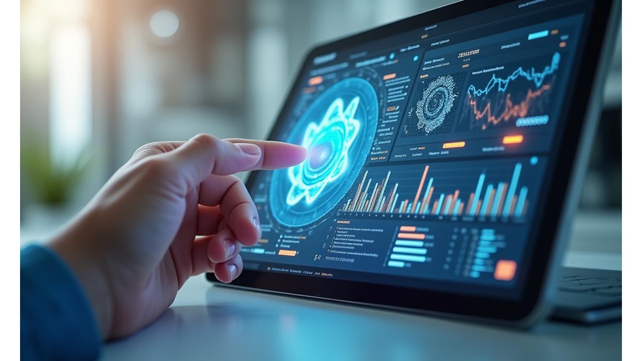 Image abstractly representing the data analysis process: a person reviewing data on a tablet with various charts and graphs floating around, symbolizing detailed health assessment and personalized insights.