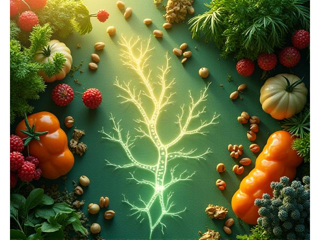 Illustration of a healthy gut microbiome with beneficial bacteria and vibrant plant-based foods, symbolizing wellness and digestive health.