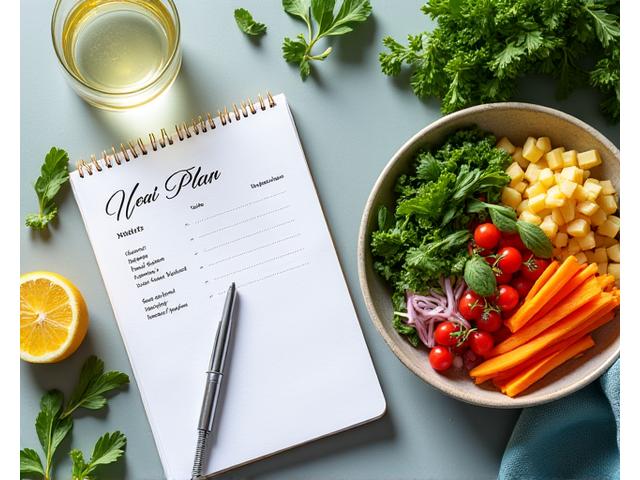 Flat lay of a beautifully prepared vibrantly colored, gut-healthy meal with a personalized meal plan notebook and pen next to it, symbolizing customized nutrition.