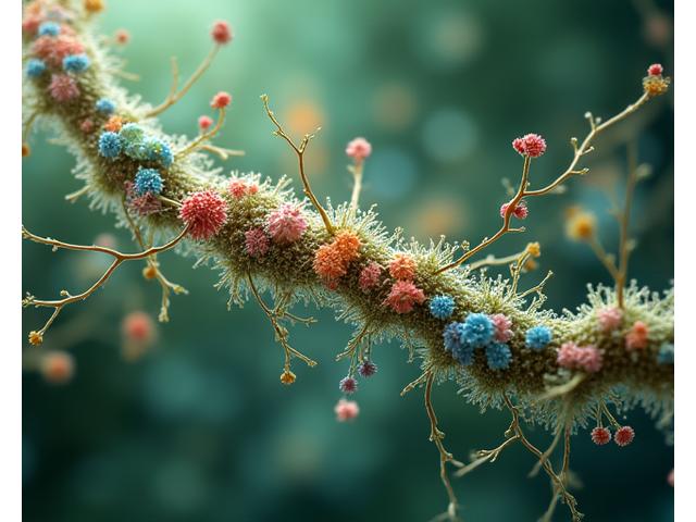 Microscopic visualization of diverse gut bacteria representing a healthy microbiome, intertwined with neural pathways to illustrate the gut-brain axis.