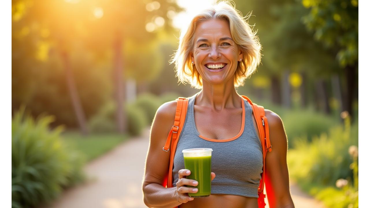 A woman in her late 40s smiling confidently while holding a green juice, active and vibrant outdoors, symbolizing renewed vitality and wellness after overcoming digestive issues.