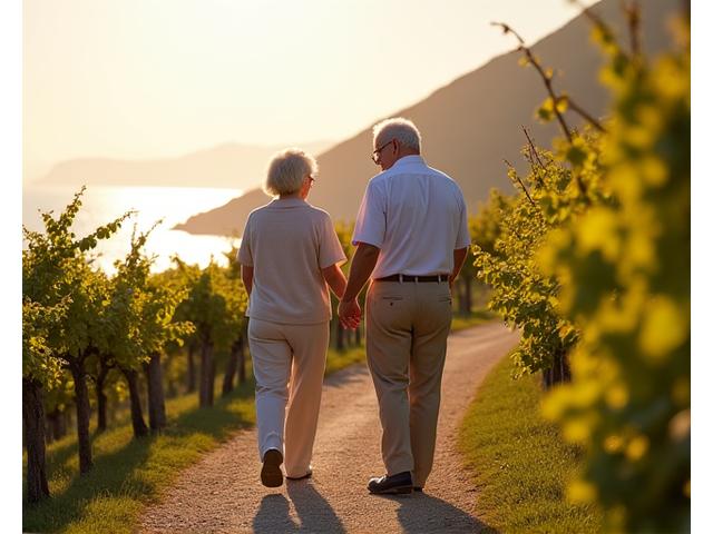 Elderly couple walking hand-in-hand in a vibrant, natural setting, symbolizing health and longevity found in Blue Zones.