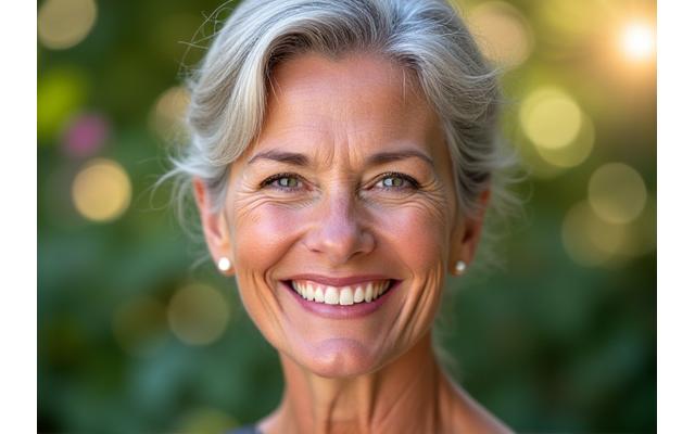 Woman smiling confidently after holistic health coaching, radiant and healthy with vibrant green foliage in the background, representing renewal and well-being.