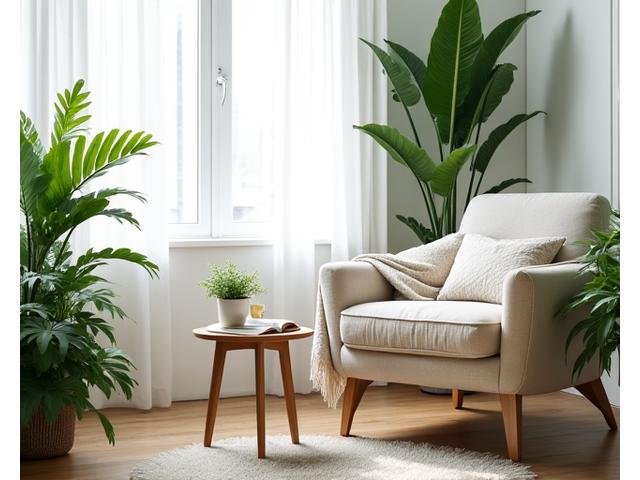 A bright, minimalist living room with a comfortable reading nook, natural light, and subtle green plants, exuding calm and well-being.