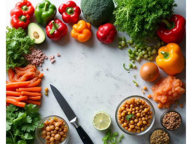 A colorful, artfully arranged spread of healthy meal prep containers and fresh ingredients on a clean kitchen counter.
