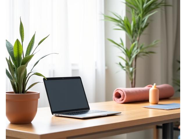 A person calmly working at a neat desk, with a yoga mat and potted plant nearby, symbolizing balance.