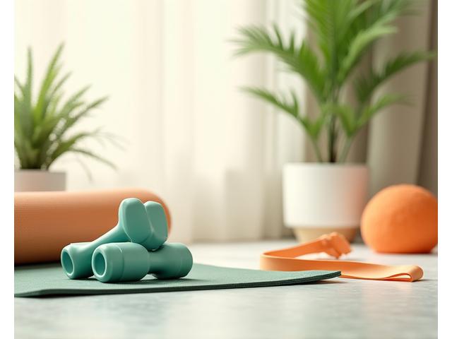 A balanced, diverse home workout setup with resistance bands, light weights, and a yoga mat, suggesting flexible fitness options.