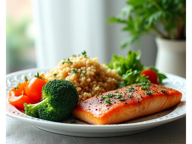 A vibrant, well-balanced meal featuring fresh vegetables, lean protein, and whole grains, professionally plated.