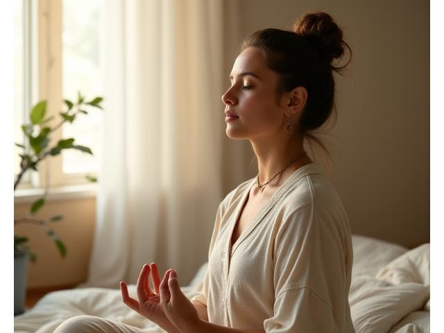 A serene individual practicing mindfulness or meditation in a peaceful, uncluttered space, symbolizing calm and stress reduction.