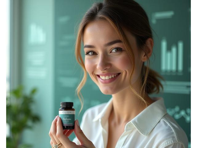 Woman confidently holding vetted wellness supplement with scientific data infographics in background