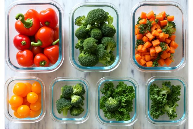 Assortment of glass food storage containers with fresh vegetables