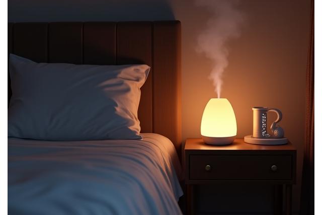 Peaceful bedroom setting with soft lighting, comfortable bedding, and an aromatherapy diffuser