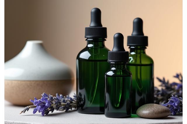 Bottles of essential oils with a ceramic diffuser and dried lavender