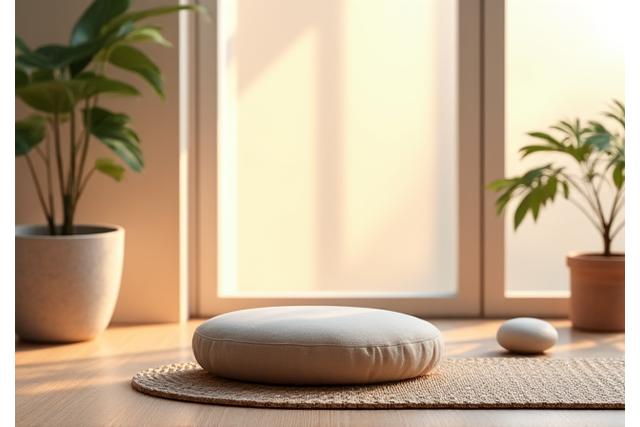 Meditation cushion on a yoga mat in a serene, minimalist room