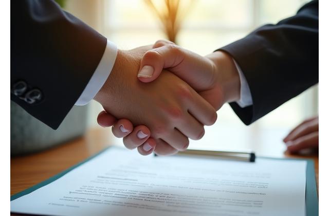 Two hands shaking over a legal document, symbolizing agreement and understanding