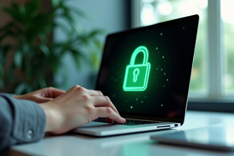 Hands typing on a laptop with a privacy padlock icon, symbolizing secure and responsible website use