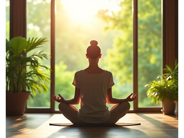 A person calmly meditating in a serene, green environment, symbolizing stress reduction and mindfulness.